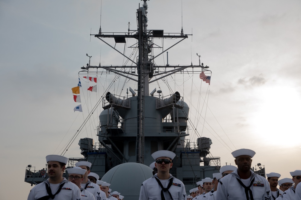 Sailors Man the Rails Aboard USS Blue Ridge in Port Klang, Malaysia