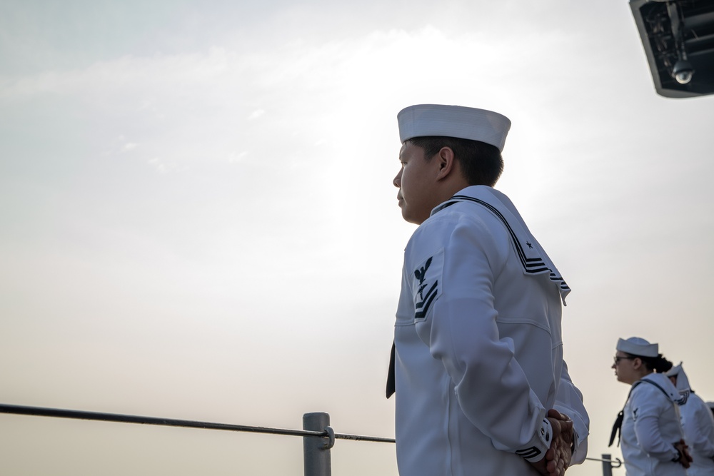 Sailors Man the Rails Aboard USS Blue Ridge in Port Klang, Malaysia