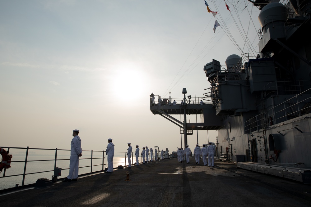 Sailors Man the Rails Aboard USS Blue Ridge in Port Klang, Malaysia