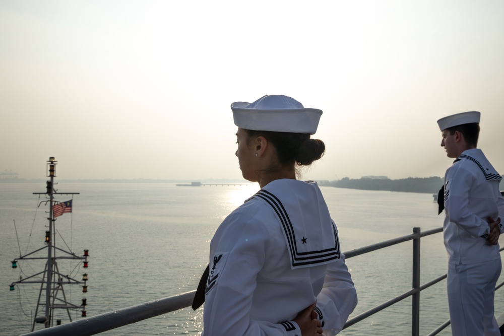 Sailors Man the Rails Aboard USS Blue Ridge in Port Klang, Malaysia