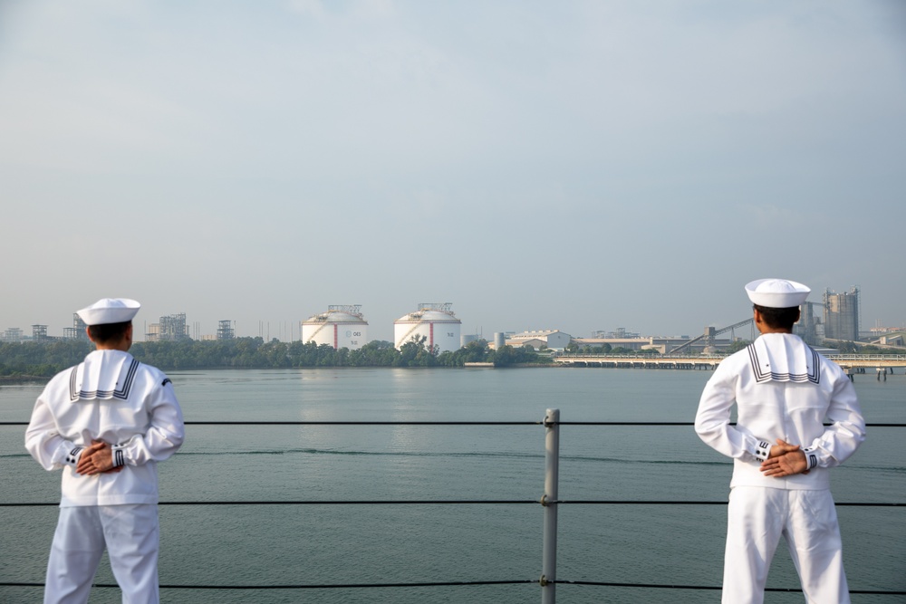 Sailors Man the Rails Aboard USS Blue Ridge in Port Klang, Malaysia