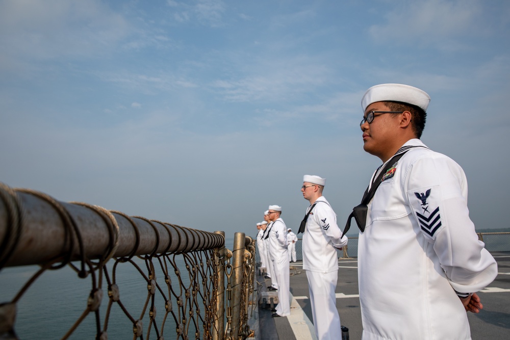 Sailors Man the Rails Aboard USS Blue Ridge in Port Klang, Malaysia