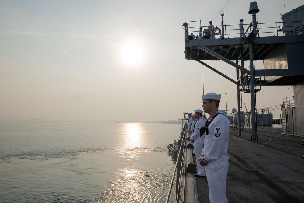 Sailors Man the Rails Aboard USS Blue Ridge in Port Klang, Malaysia