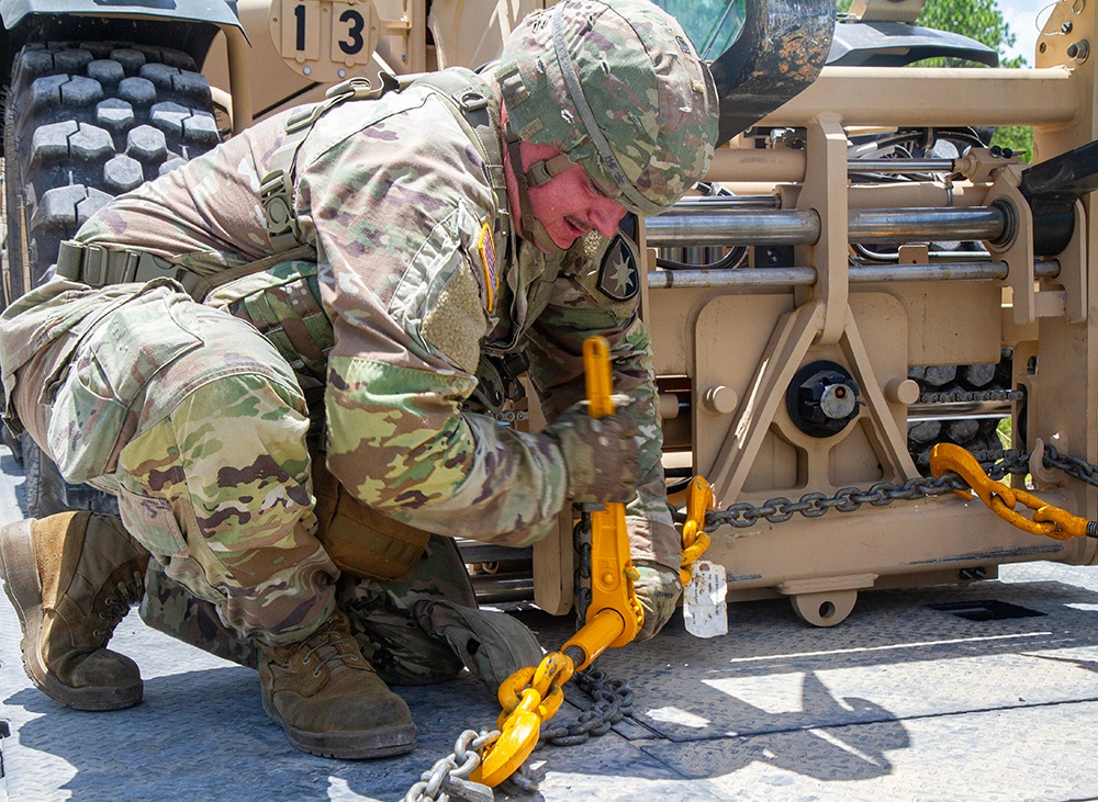 356th Quartermaster Company loads forklift after logistical support