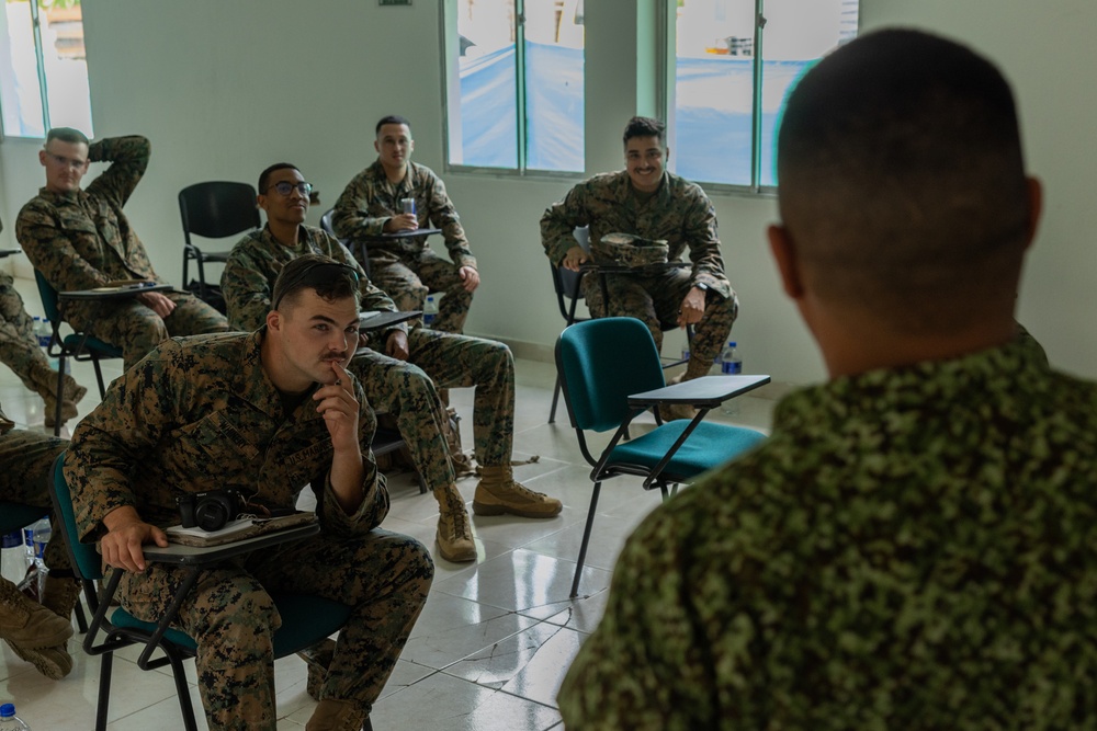 U.S. Marines with Littoral Craft Company Charlie attend classroom lecture during the Colombian Fluvial Operations Course