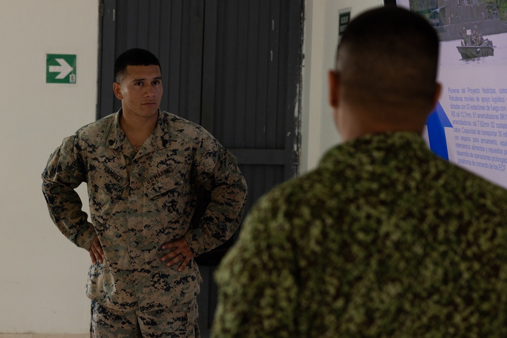 U.S. Marines with Littoral Craft Company Charlie attend classroom lecture during the Colombian Fluvial Operations Course