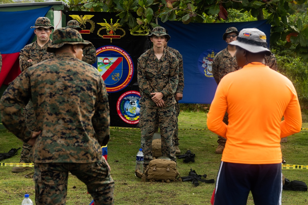 U.S. Marines participate in swim qualification during the Colombian Fluvial Operations Course.