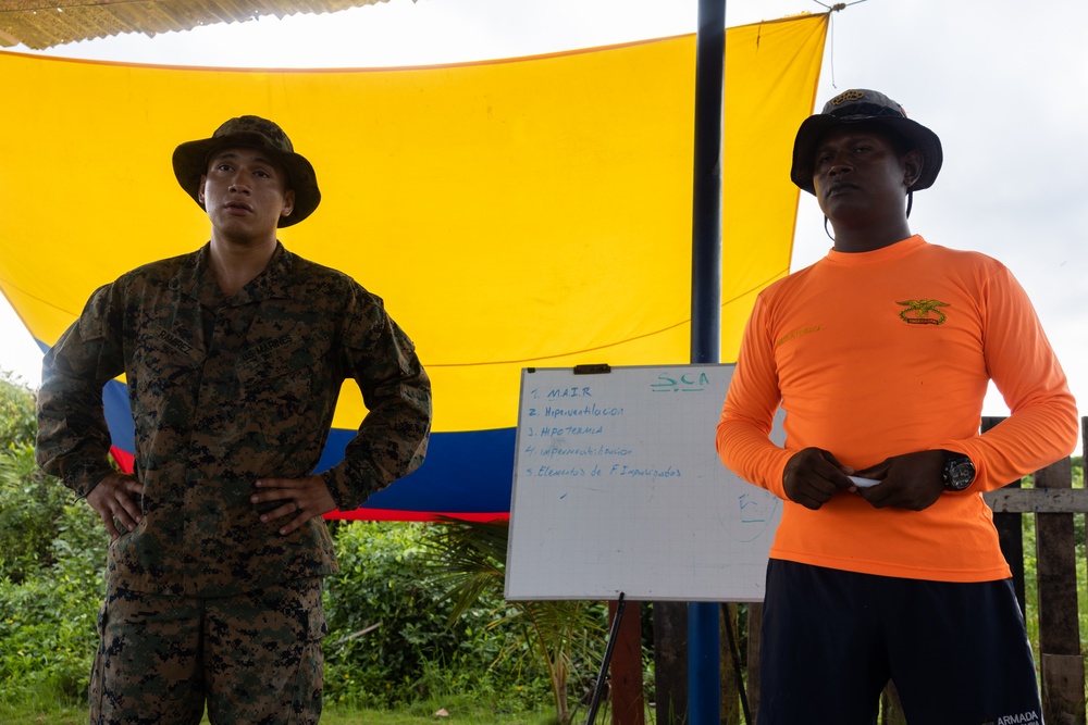 U.S. Marines participate in swim qualification during the Colombian Fluvial Operations Course.