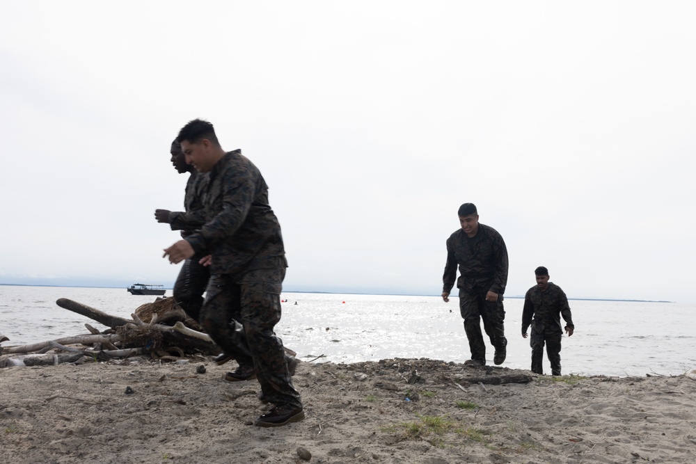 U.S. Marines participate in swim qualification during the Colombian Fluvial Operations Course.