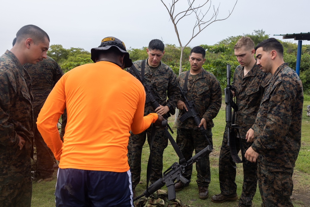 U.S. Marines participate in swim qualification during the Colombian Fluvial Operations Course.