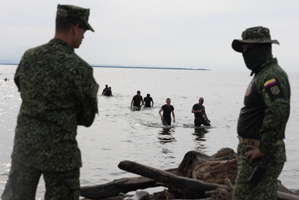 U.S. Marines participate in swim qualification during the Colombian Fluvial Operations Course.