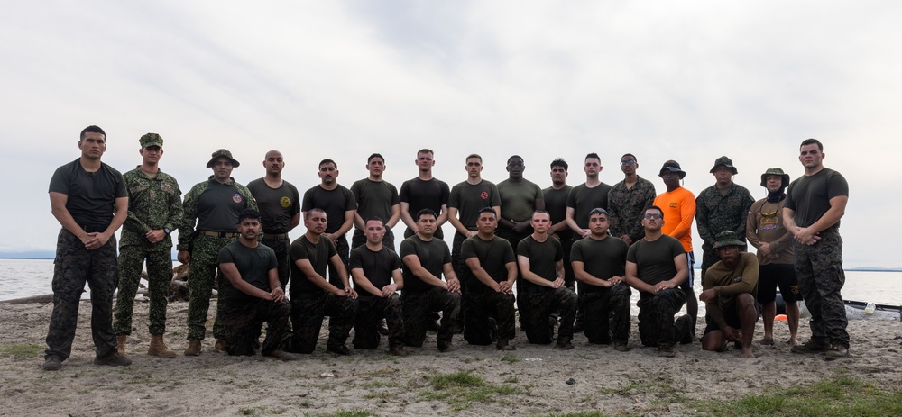 U.S. Marines participate in swim qualification during the Colombian Fluvial Operations Course.