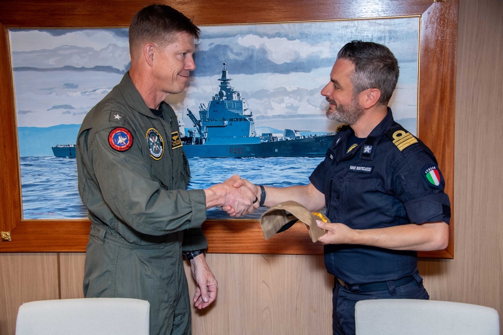 Carrier Strike Group ONE Admiral visits Italian Destroyer during RIMPAC 2024