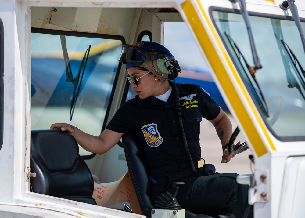 The Navy Flight Demonstration Squadron, the Blue Angels, perform in Pensacola Beach, FL..