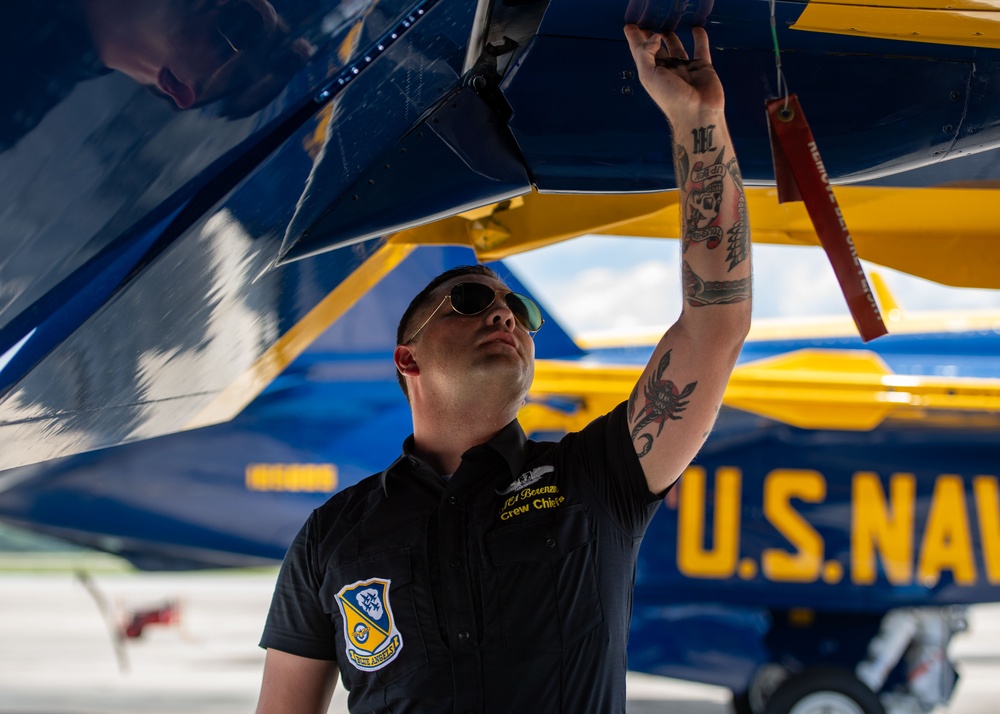 The Navy Flight Demonstration Squadron, the Blue Angels, perform in Pensacola Beach, FL.