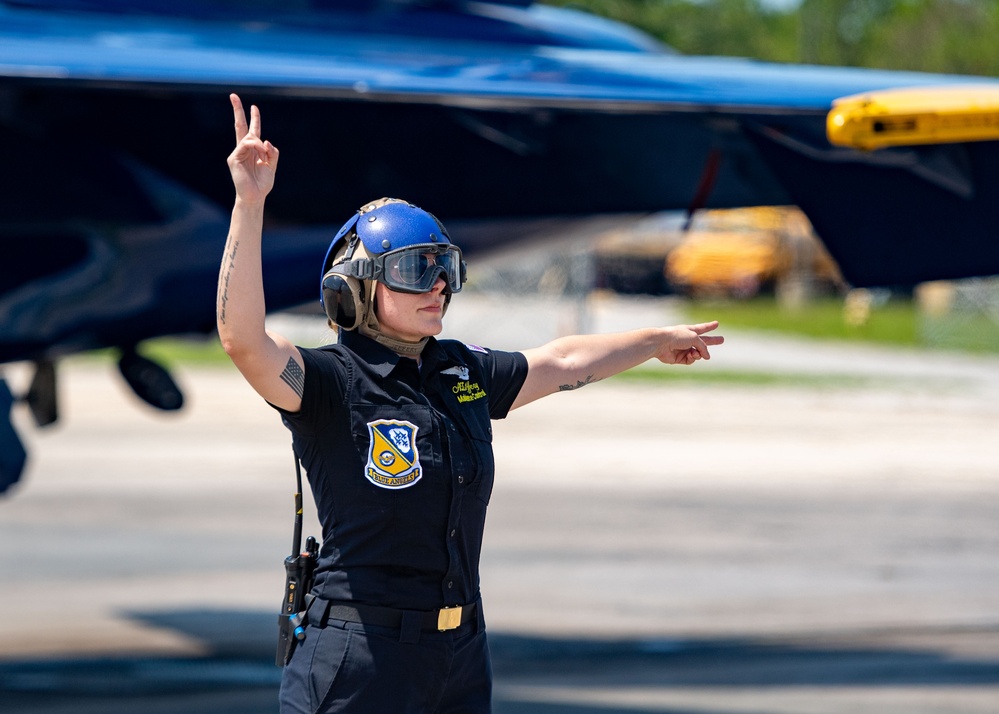 The Navy Flight Demonstration Squadron, the Blue Angels, perform in Pensacola Beach, FL.