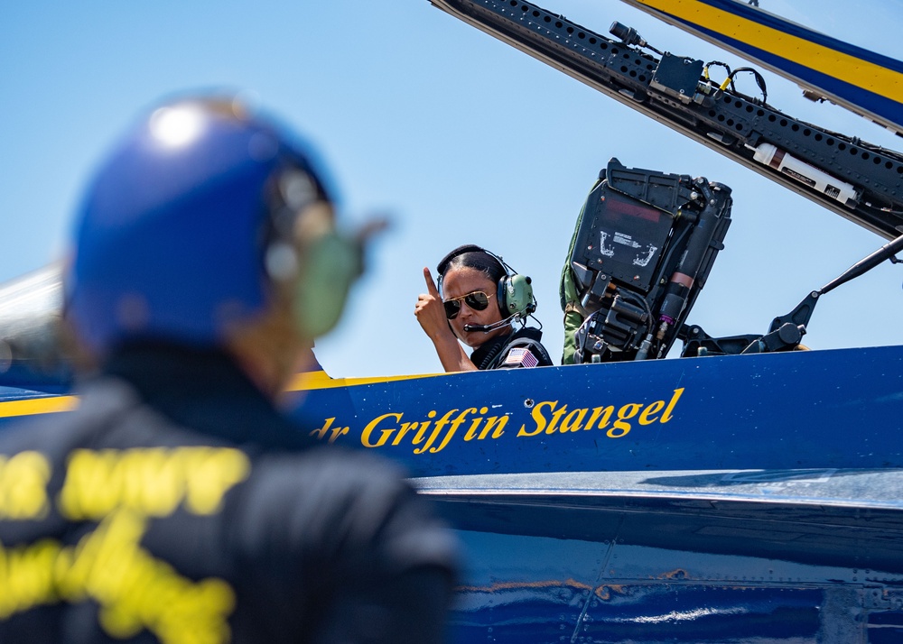 The Navy Flight Demonstration Squadron, the Blue Angels, perform in Pensacola Beach, FL.