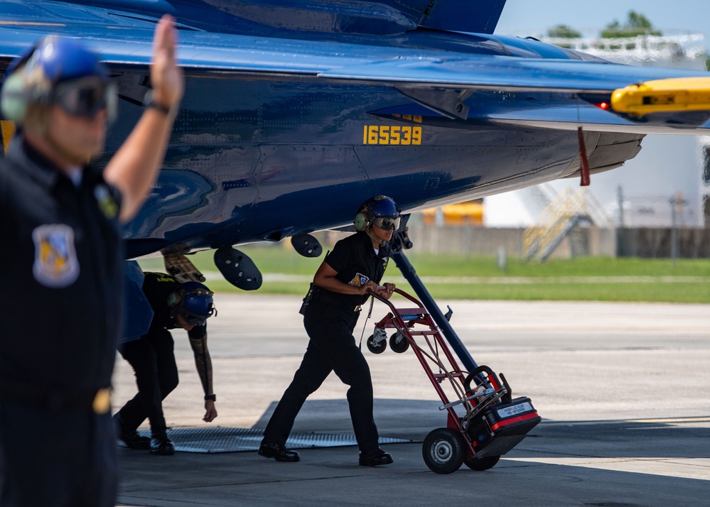 The Navy Flight Demonstration Squadron, the Blue Angels, perform in Pensacola Beach, FL.