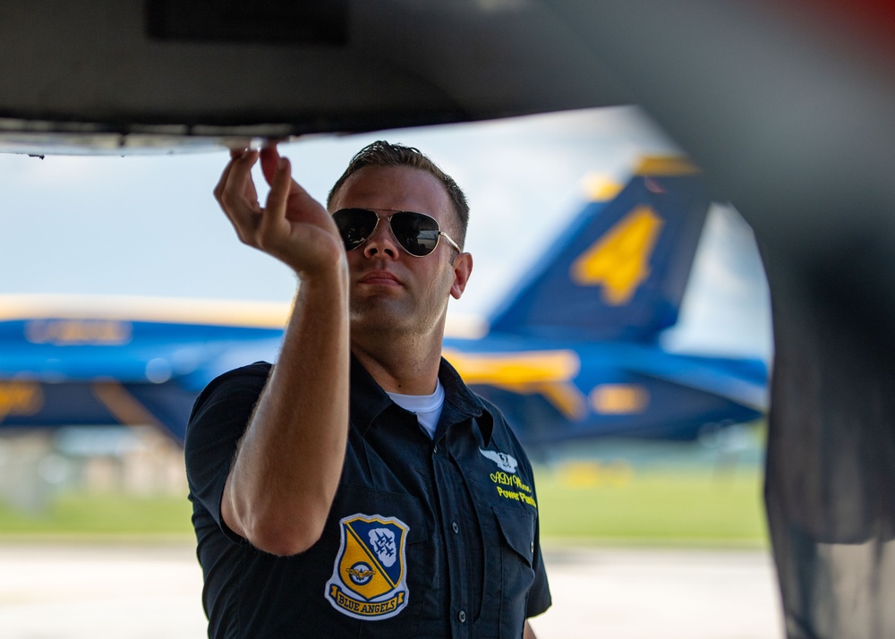 The Navy Flight Demonstration Squadron, the Blue Angels, perform in Pensacola Beach, FL.