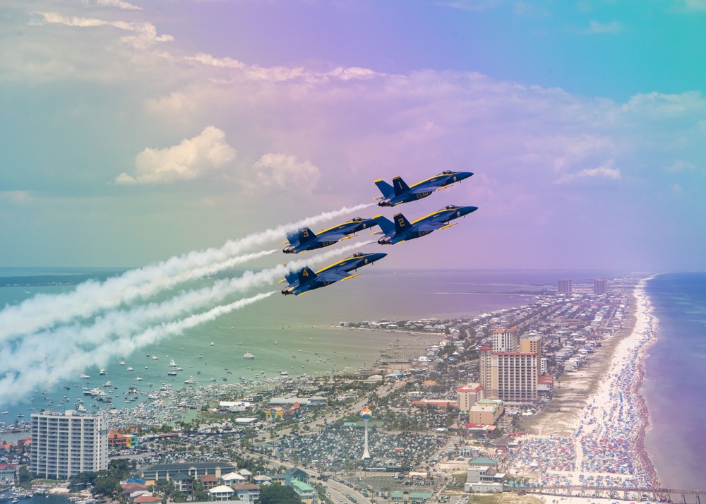 The Navy Flight Demonstration Squadron, the Blue Angels, perform in Pensacola Beach, FL.