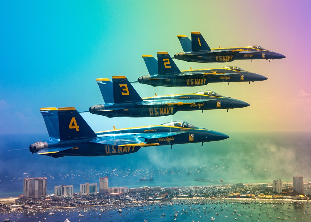 The Navy Flight Demonstration Squadron, the Blue Angels, perform in Pensacola Beach, FL.