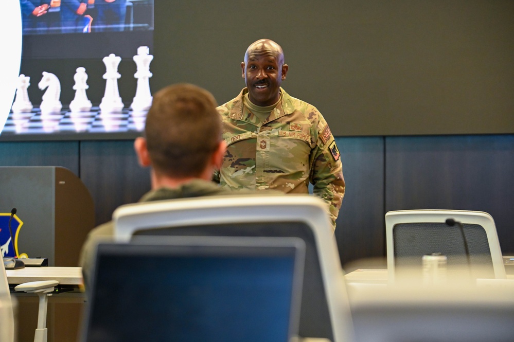 Command First Sgt. Dent speaks at a Squadron Commanders' Course