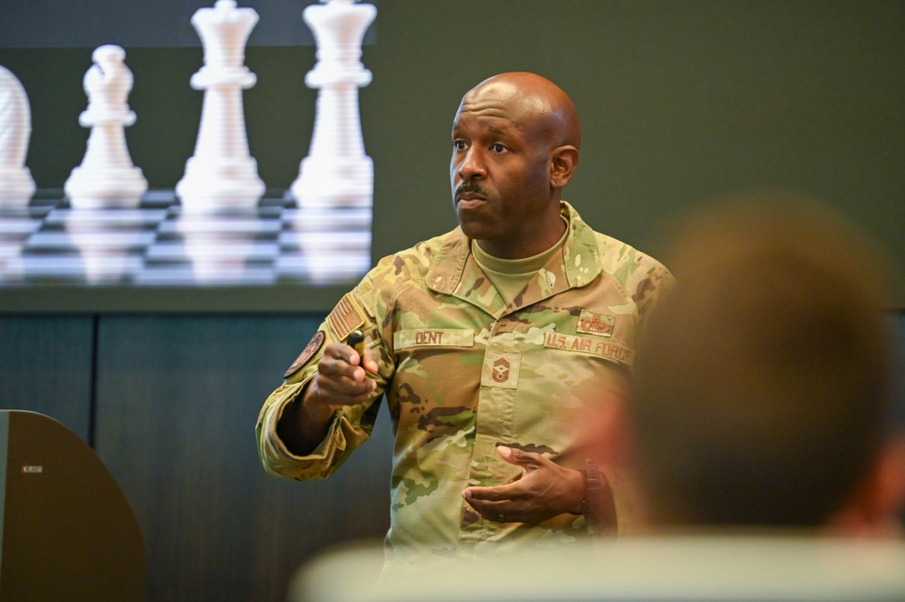 Command First Sgt. Dent speaks at a Squadron Commanders' Course