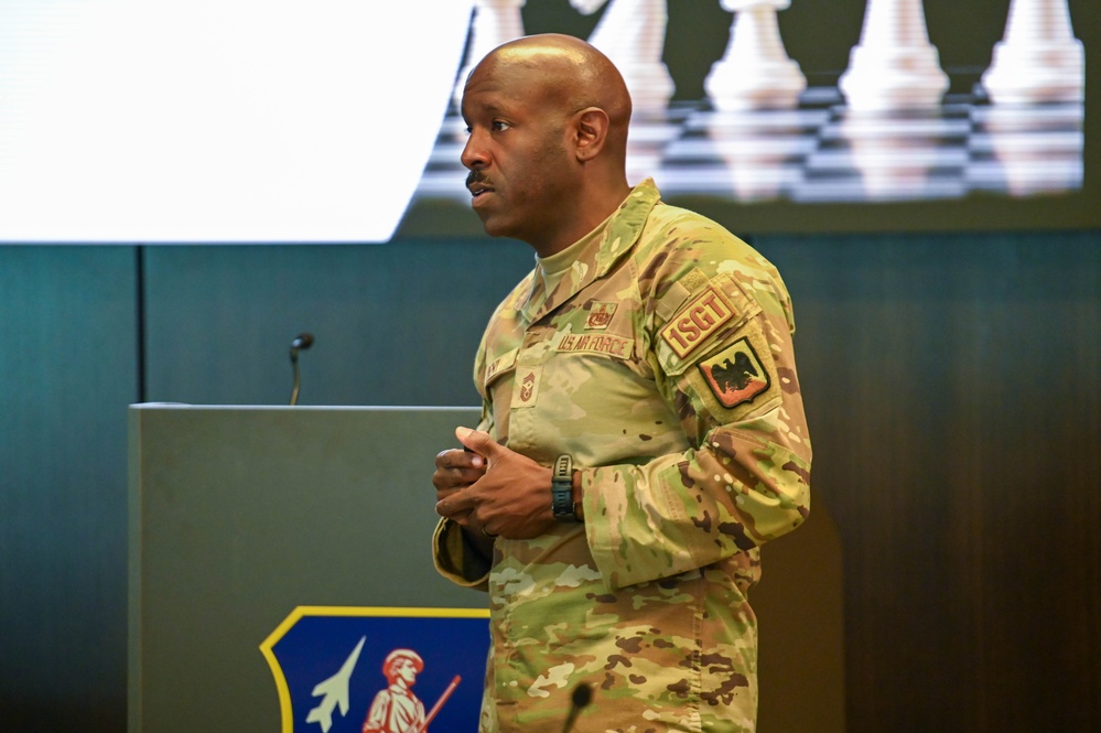 Command First Sgt. Dent speaks at a Squadron Commanders' Course