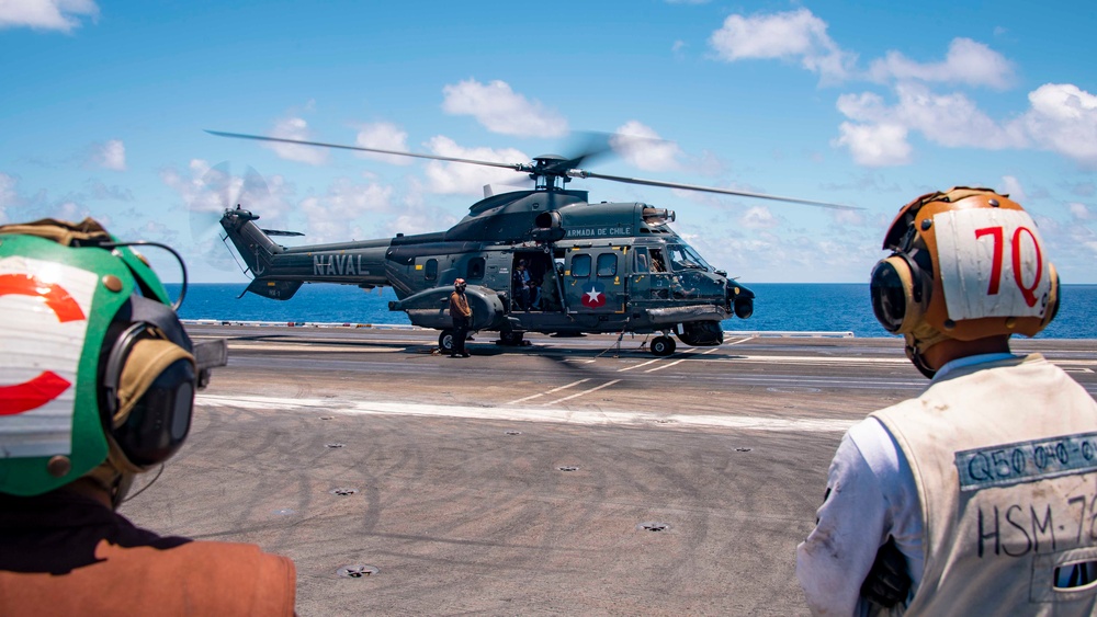 Chilean Navy Eurocopter AS532 Cougar takes off from USS Carl Vinson during RIMPAC 2024