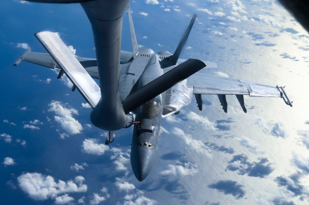 U.S. Air Force KC-135 refuels Navy FA-18 Super Hornet during RIMPAC 2024