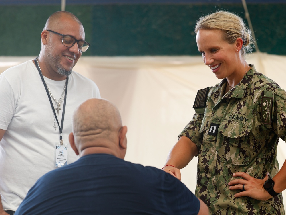 Continuing Promise 2024 treat patients in a temporary medical facility at the port of Limón, Costa Rica