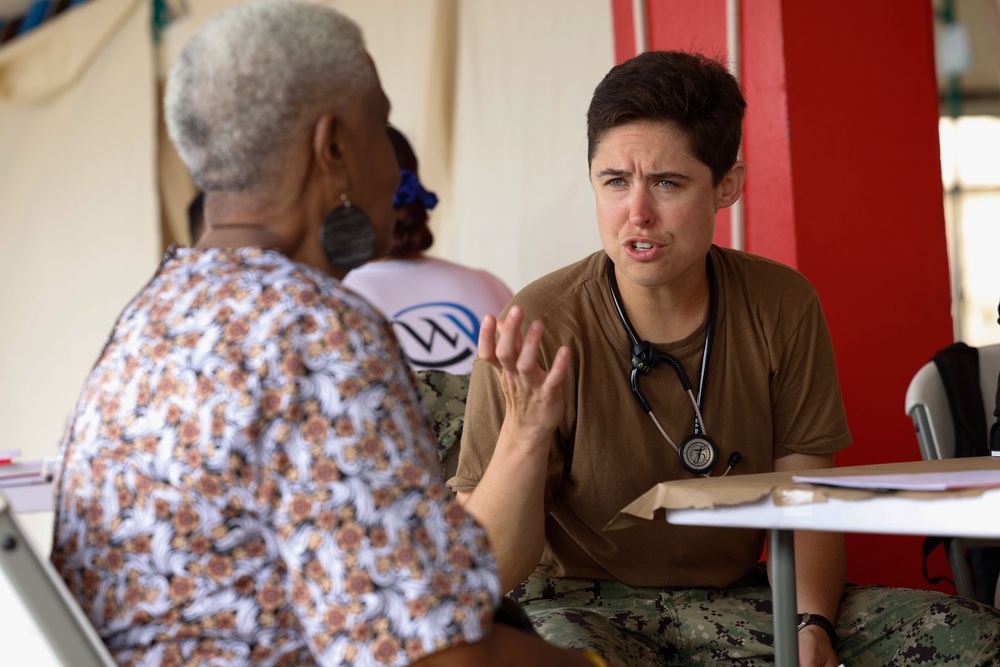 Continuing Promise 2024 treat patients in a temporary medical facility at the port of Limón, Costa Rica