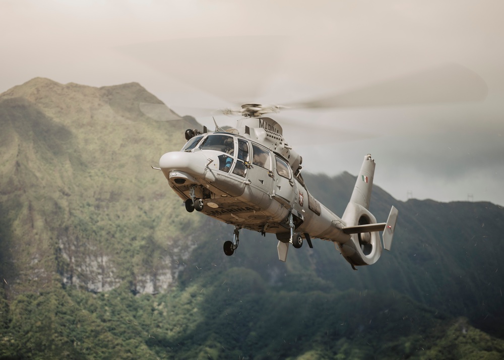 Mexican Navy AS565 Panther approaches for fast-rope training at Marine Corps Training Area Bellows