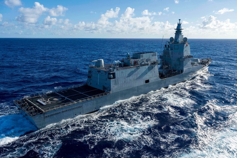 Italian Ship Raimondo Montecuccoli (P432) approaches Naval Replenishment Unit Asterix