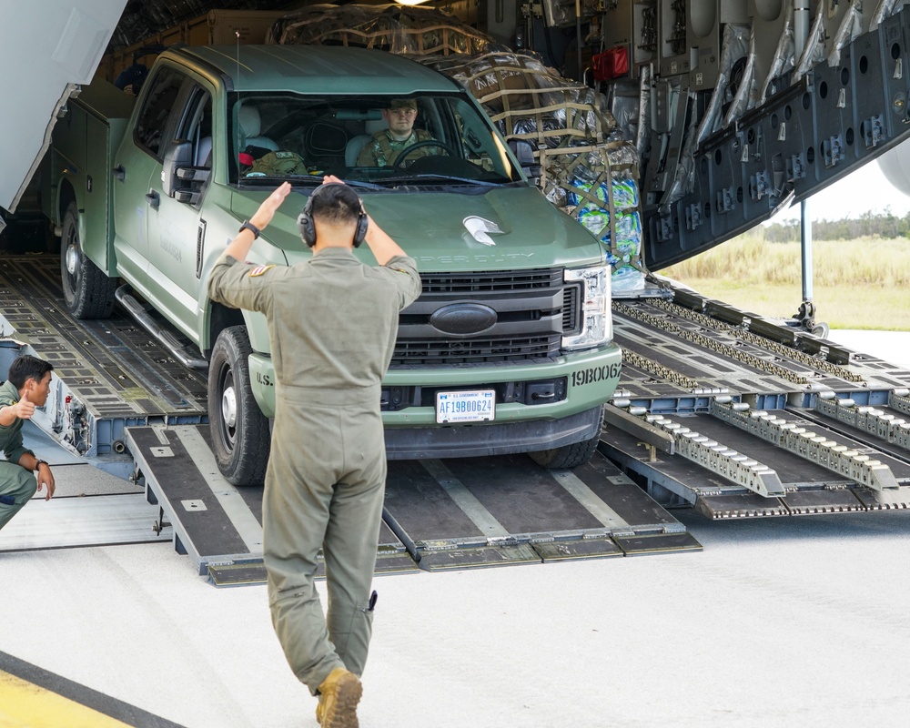 146CRT Airmen offload C-17 cargo, set up for command and control of Northwest Field, Guam