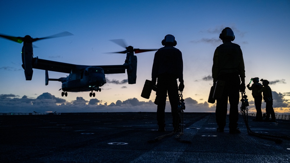 USS Somerset Sailors standby to secure MV-22B Osprey