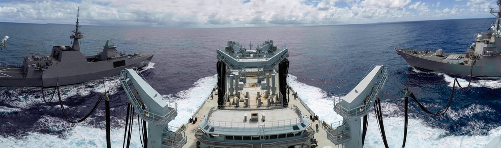 MV Asterix re-fuels RSS Stalwart, USS Gridley