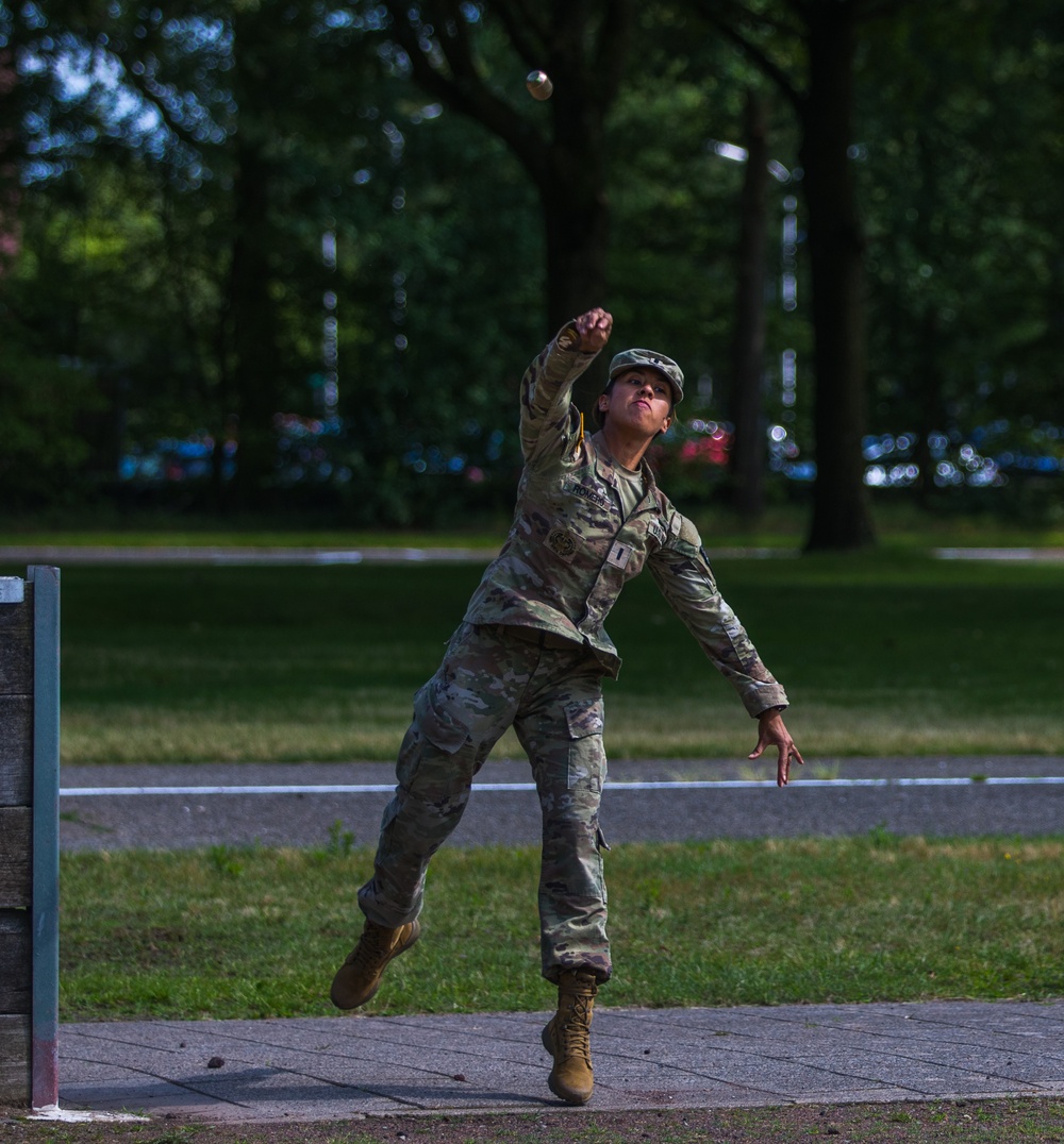 Reserve First Lieutenant Jessica M. Romero throws a practice grenade