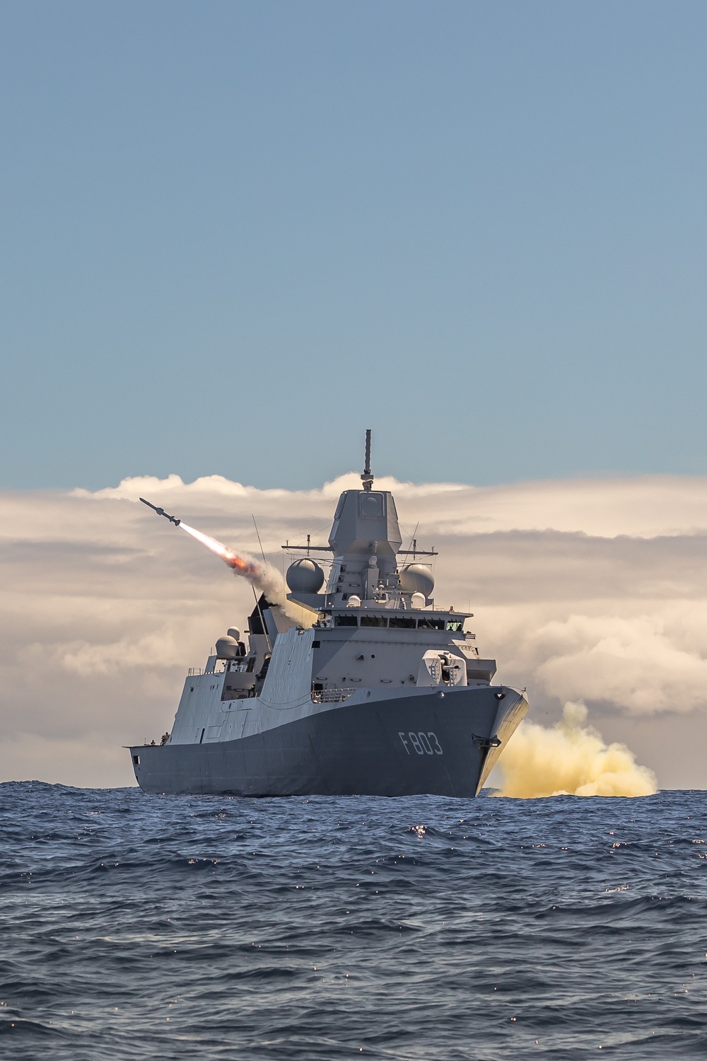 HNLMS Tromp fires a Harpoon missile during RIMPAC 2024