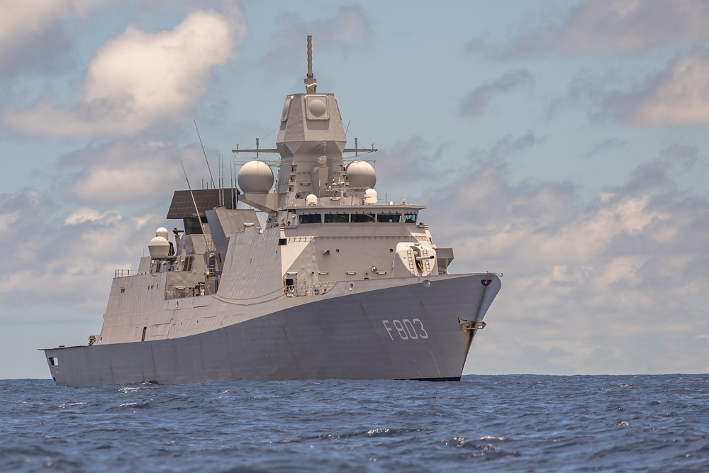 HNLMS Tromp fires a Harpoon missile during RIMPAC 2024