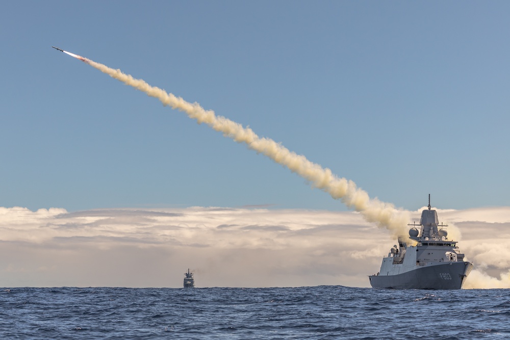 HNLMS Tromp fires a Harpoon missile during RIMPAC 2024