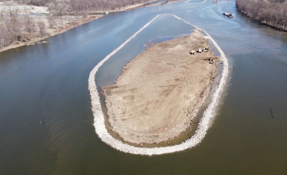 Aerial view of island building on the Mississippi River