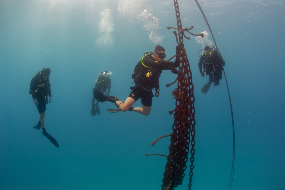 U.S. Coast Guard and Republic of Korea Navy Underwater Construction Team divers recover a sunken buoy during RIMPAC 2024