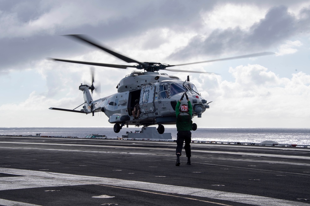 A Royal Netherlands Navy NH-90 NATO Frigate Helicopter Takes Off from the Flight Deck of USS Carl Vinson (CVN 70) During RIMPAC 2024