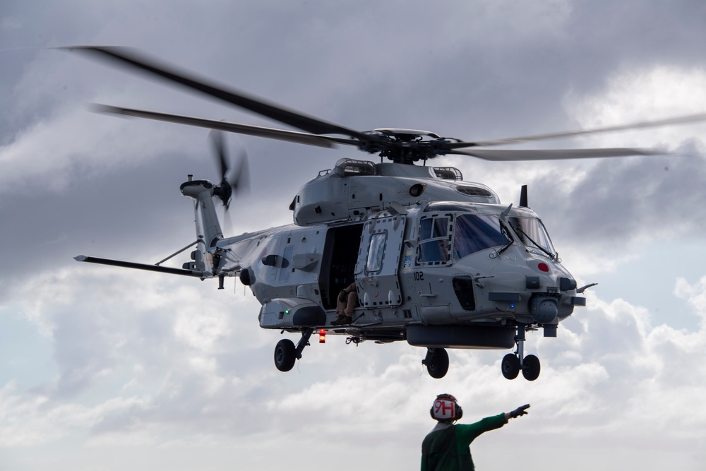 A Royal Netherlands Navy NH-90 NATO Frigate Helicopter Takes Off from the Flight Deck of USS Carl Vinson (CVN 70) During RIMPAC 2024