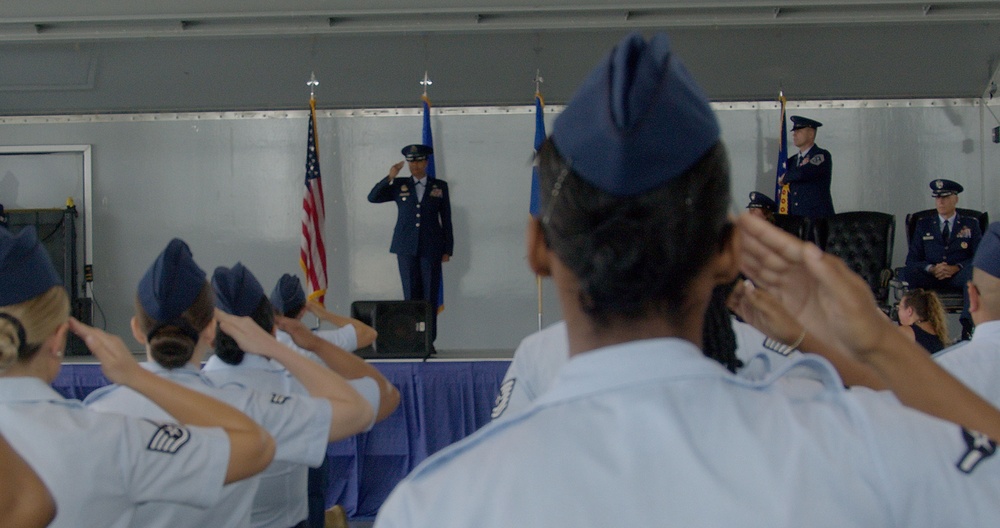 Col. Shamekia N. Toliver, 42nd Air Base Wing commander renders her first salute