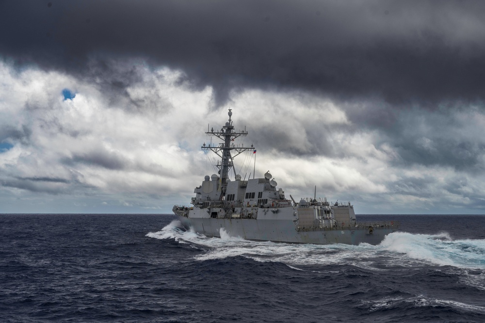 United States Ship (USS) Gridley (101) departs from Naval Replenishment Unit (NRU) Asterix after a replenishment at sea.