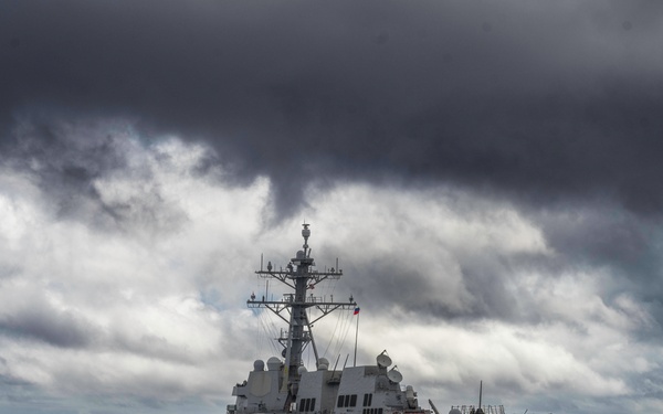 United States Ship (USS) Gridley (101) departs from Naval Replenishment Unit (NRU) Asterix after a replenishment at sea.