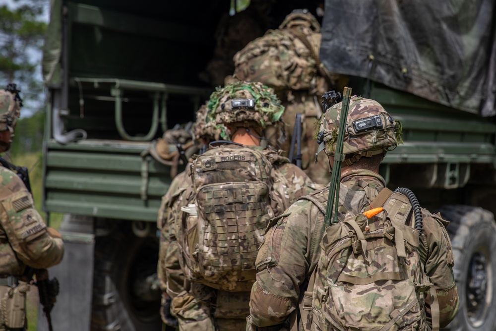 The Soldiers of Task Force Guardian load up to take objective 'SALT' while at JRTC 24-09