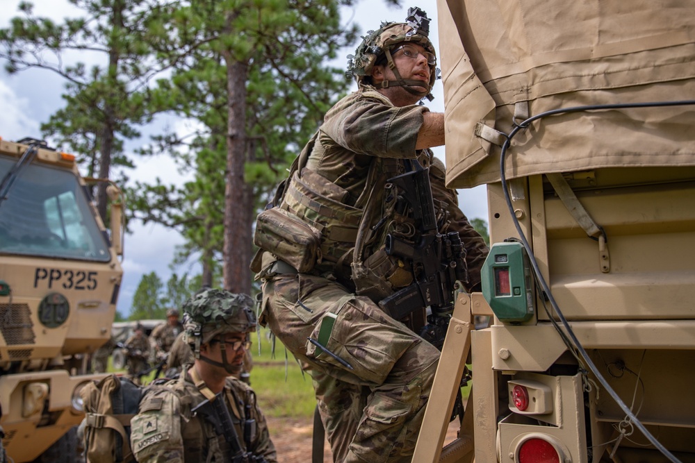 The Soldiers of Task Force Guardian load up to take objective 'SALT' while at JRTC 24-09